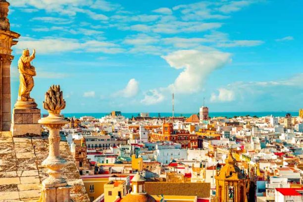 an aerial view of the roofs of Cadiz, Spain, from the belfry of its Cathedral