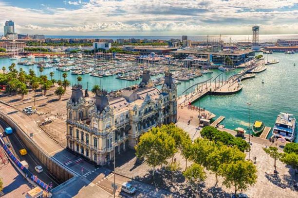 Scenic aerial view of Port Vell from the top of Columbus Monument, Barcelona, Catalonia, Spain