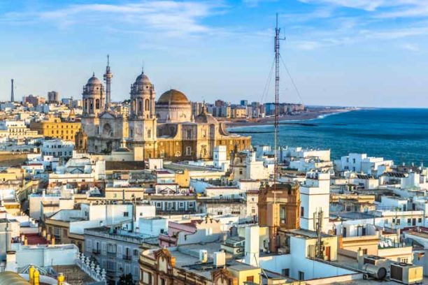 Cathedral of Cadiz at the atlantic coastline. Panorama of Cadiz