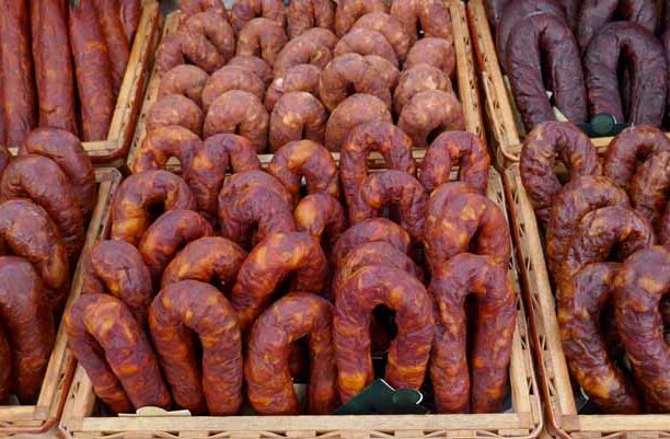 Various types of chorizo ​​from Spain and Portugal at a farm