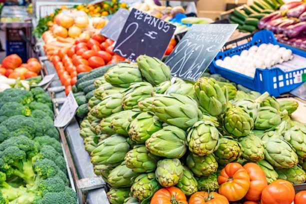 Many kinds of colorful fresh vegetables in Mercat Central in Valencia, Spain