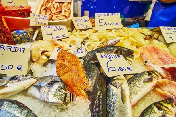 The vide range of fresh Atlantic Ocean fish (grouper, sea bream, tuna) and seafood (squids, sea snails, shrimps, oysters) on the counter of stall in Central Abastos Market of Jerez, Spain