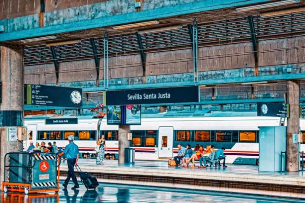 Seville, Spain - June 08, 2017 : Modern hi-speed passenger train of Spanish railways company-Renfe, on Seville railways station Sevilla Santa Justa.