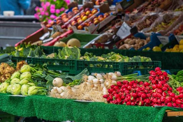 Vegetables at the market stall in the square in front of the Ulm