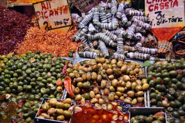 Fresh and healthy many olives for sale at a market in Spain, Europe