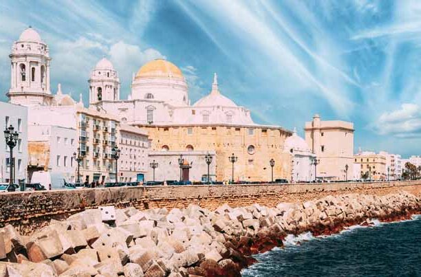 Ancient Cadiz city in southern Spain. Cadiz Cathedral and old town. spain travel. altered sky